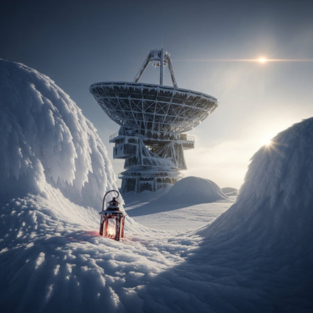 3D rendering of a space station in the snow with a lanternの素材