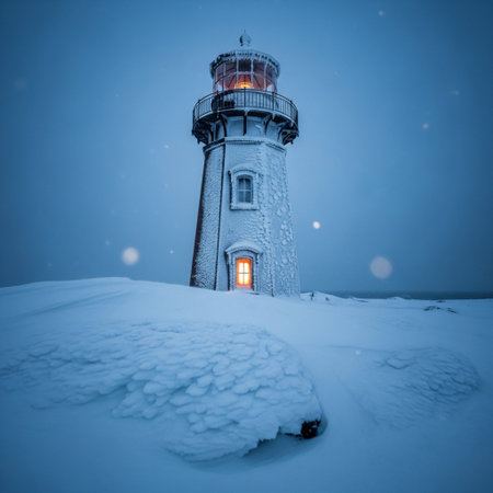 Lighthouse on a snowy winter night in the Lofoten Islands, Norwayの素材