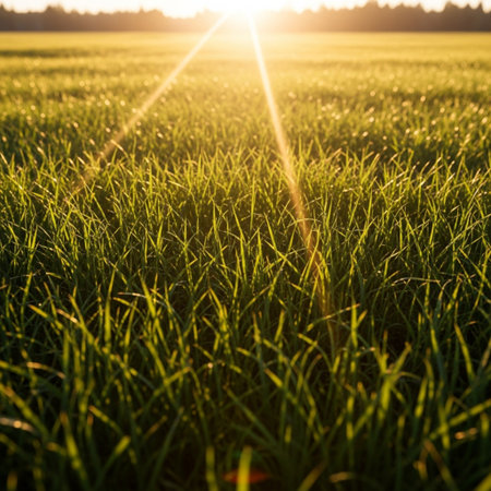 Sunset over green grass field. Sunlight through the grass.の素材
