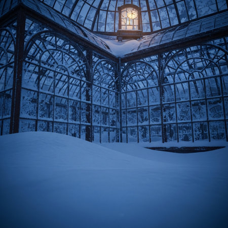 Beautiful winter landscape in the greenhouse. Blue toned image.の素材