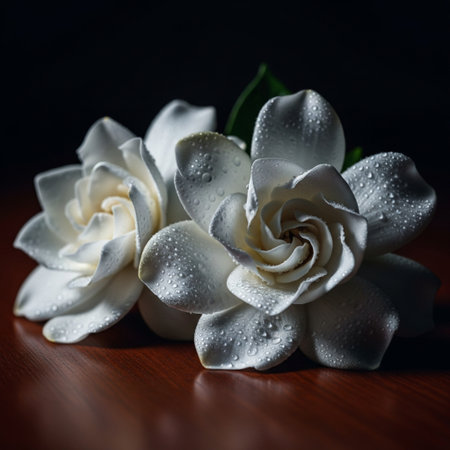 White jasmine flower with water drops on dark wooden background.の素材