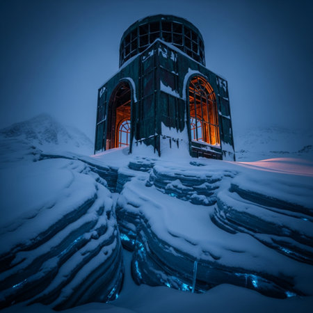 Abandoned church in the mountains in winter. Toned.の素材