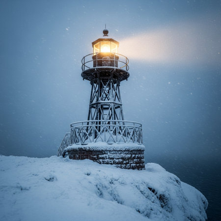 Lighthouse on the top of the mountain in winter, snowfallの素材