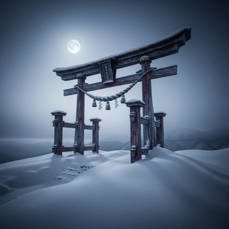Japanese torii gate in the snow at night. 3d renderingの素材
