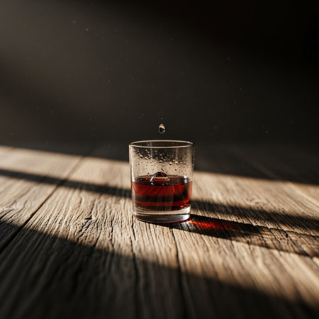 Glass of whiskey with splash on wooden table, shallow depth of fieldの素材