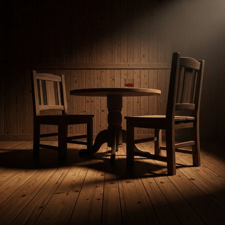 Wooden chairs and table in a dark room with a spotlight.の素材