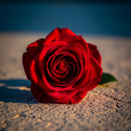 Red rose on the ground, close up. Valentines day backgroundの素材