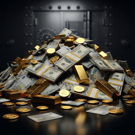 3d illustration of money heap with gold coins and banknotes over dark backgroundの素材