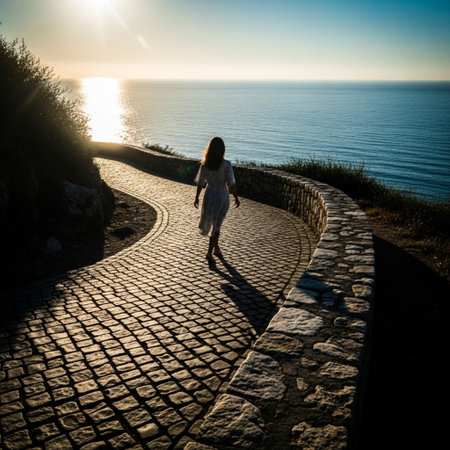 Beautiful girl in a white dress walks along the road to the seaの素材