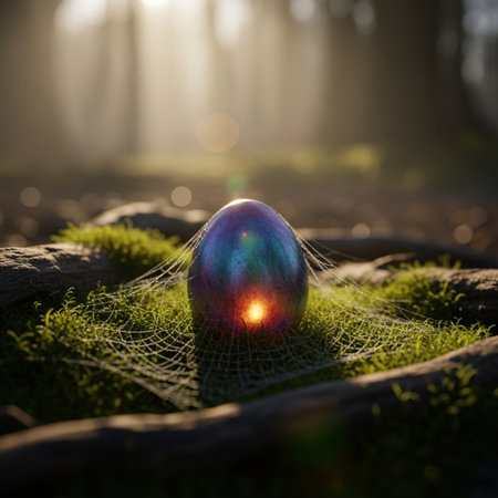 Easter egg in the grass with a glowing light in the backgroundの素材