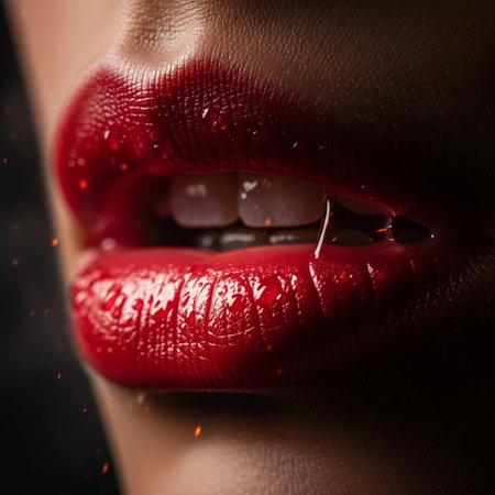 Close up portrait of beautiful woman's lips with red glossy lips makeup.の素材