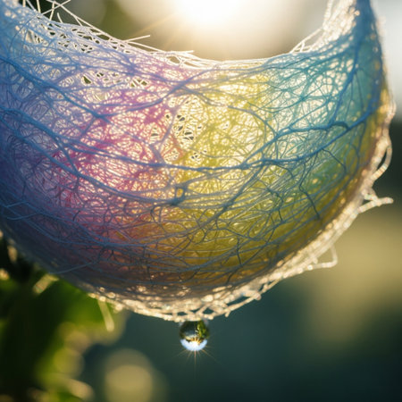 Water drops on the net of a fishing net in the sun.の素材