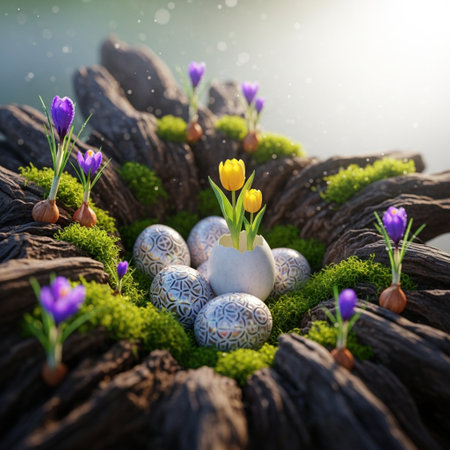 Easter eggs with crocuses and crocuses on mossの素材