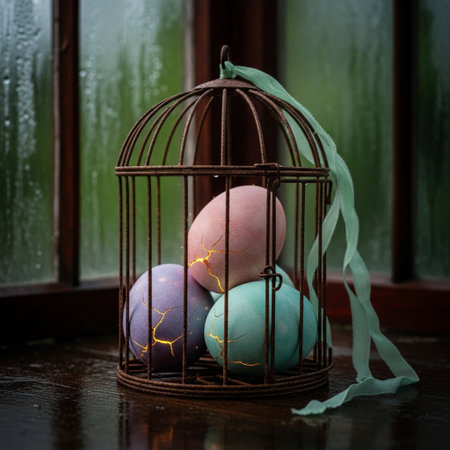 Easter eggs in a birdcage on the windowsill.の素材