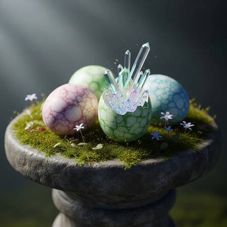 Easter eggs with crystal crown on green moss. 3d illustrationの素材