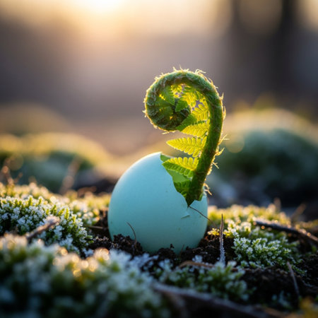 Fern leaf growing out of egg shell on a green moss backgroundの素材