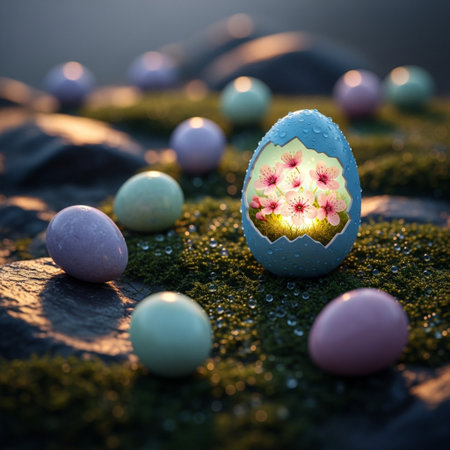 Decorated Easter eggs on a mossy stone with water dropsの素材