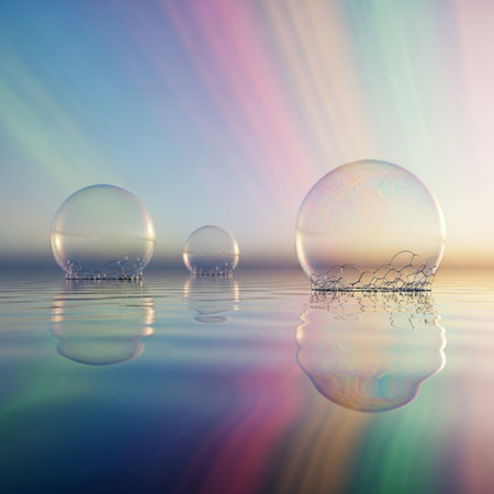 Soap bubbles on the water surface with reflection and rays of lightの素材