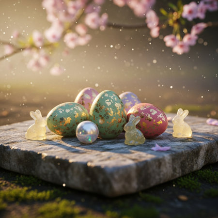 Easter eggs and bunnies on the background of spring flowersの素材