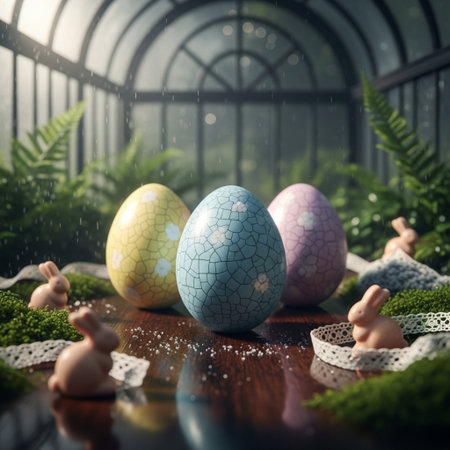 Easter eggs in the garden. 3d illustration. Selective focus.の素材