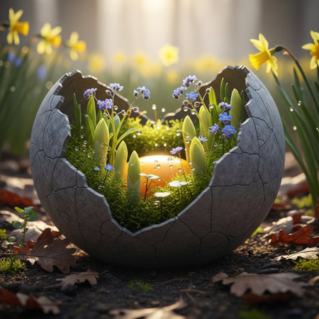 Easter egg with spring flowers in the garden. 3d renderの素材