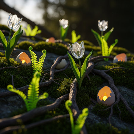 Easter eggs with tulips and daffodils on mossの素材