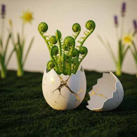 Easter egg with sprouts in eggshell on green grass backgroundの素材