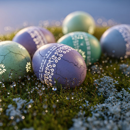 Colorful easter eggs on green grass with bokeh lightsの素材