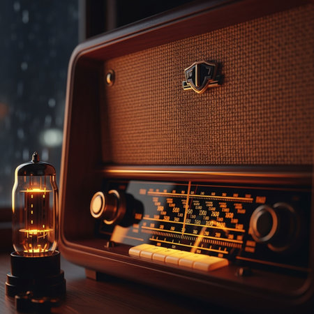 Retro radio with glowing lamp on wooden table. 3d renderingの素材