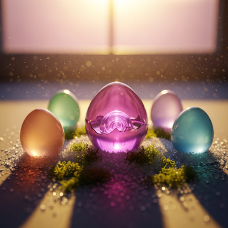 Easter eggs on a dark background with bokeh effect.の素材