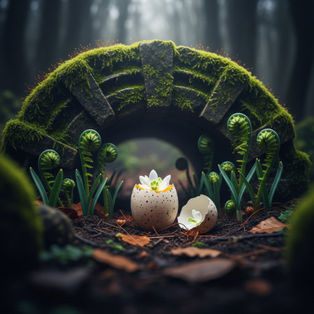 Easter egg hidden in the forest. 3D Rendering.の素材