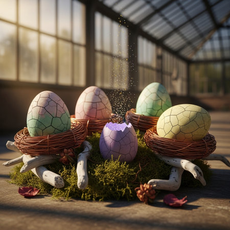 Painted Easter eggs in the nest on green moss and blurred backgroundの素材