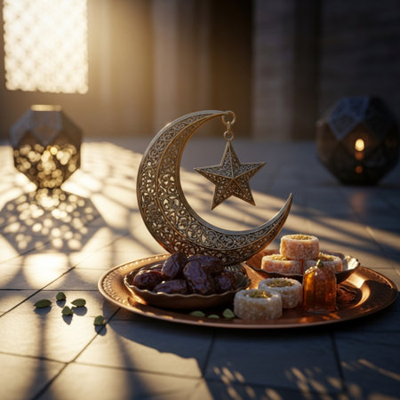 Ramadan Kareem greeting card with golden crescent moon and datesの素材