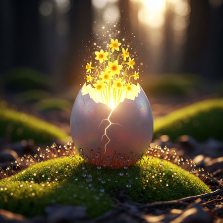 Easter egg with daffodils in the forest. 3d renderの素材