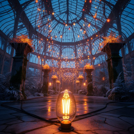 Illuminated glass dome of the greenhouse with Christmas lights. 3D renderingの素材