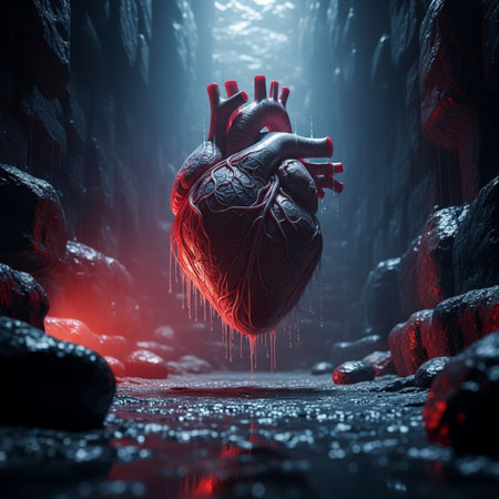 3d rendering of a human heart in a dark cave with red lightの素材