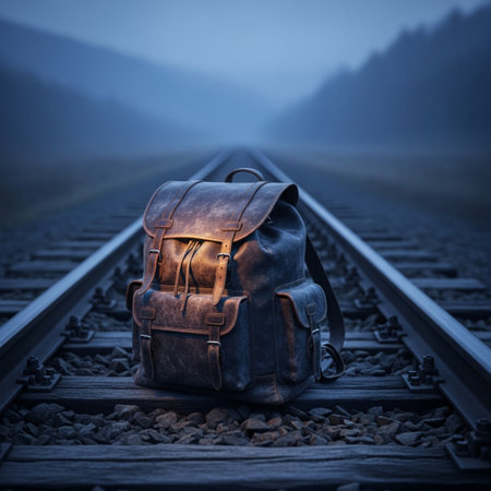 Abandoned backpack on railroad tracks in foggy morning, 3d renderingの素材