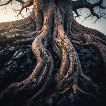 The roots of the tree in the morning light. Vintage style.の素材