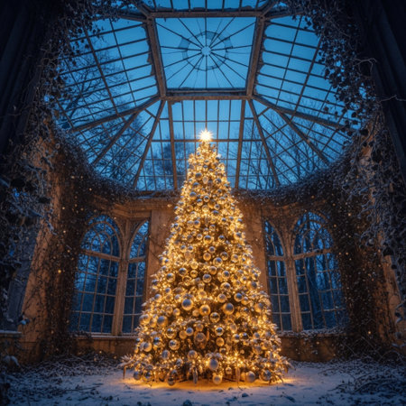 Christmas tree in the interior of a large glass room with a large glass roof.の素材