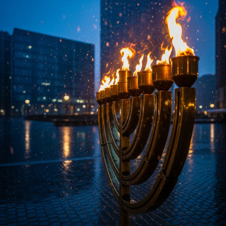 Jewish holiday Hanukkah with menorah (traditional candelabra) and burning candlesの素材