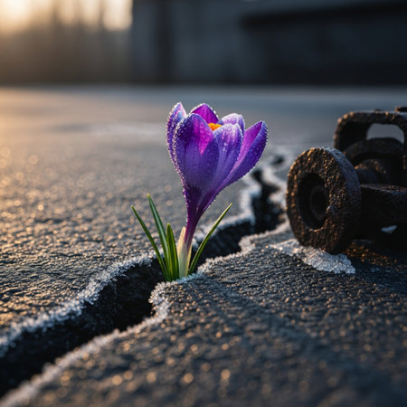 Beautiful purple crocus flower growing in the snow. First spring flowers.の素材