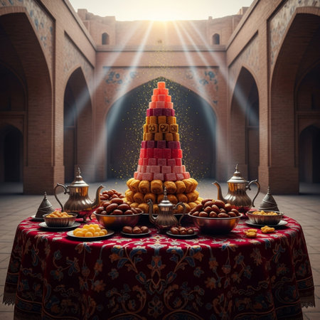 Tasty sweets and candies on table in morocco styleの素材