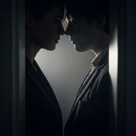 Young man and woman in the dark looking at each other through the doorの素材