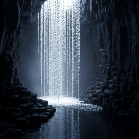 Mysterious dark cave with glowing lights. 3D Renderingの素材