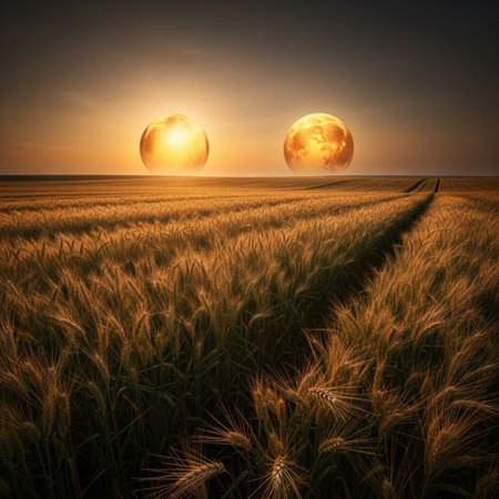Sunset over a wheat field with sun and clouds in the skyの素材