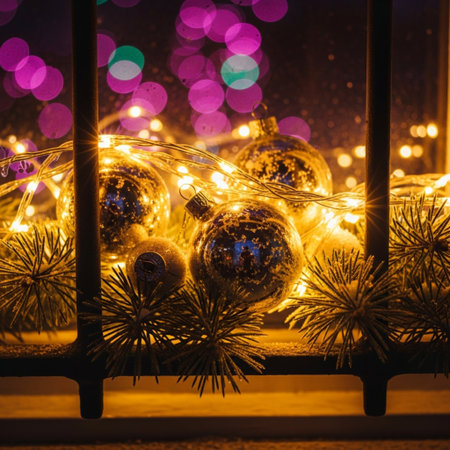 Christmas decoration on the window sill with bokeh lights background.の素材