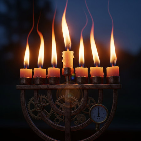 Hanukkah menorah with burning candles on dark background.の素材