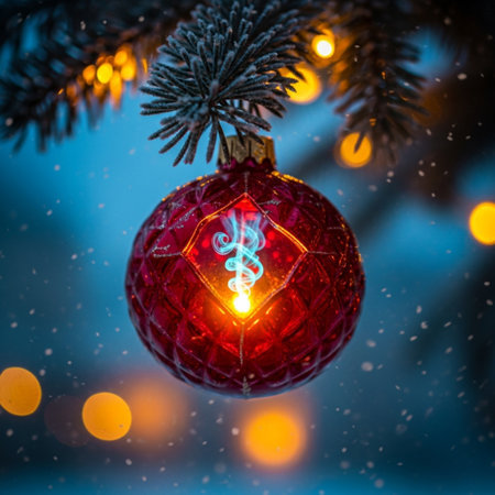 Christmas and New Year holidays background with Christmas tree decoration and bokeh lightsの素材