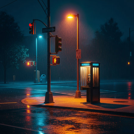 Traffic lights on the street at night in a foggy dayの素材