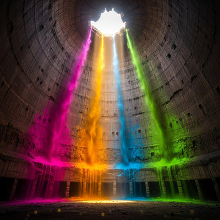 Colourful laser show in abandoned mine, 3D rendering.の素材